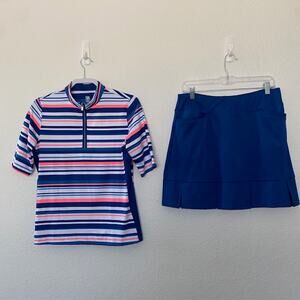 Tail Set Skort Top Short Sleeve Mock‎ Neck Striped Polo Shirt Blue Skort Women M